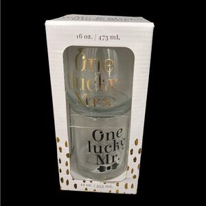 One Lucky Mr Rocks Glass and One Lucky Mrs Stemless Wine Glass Set, 2 Pieces
